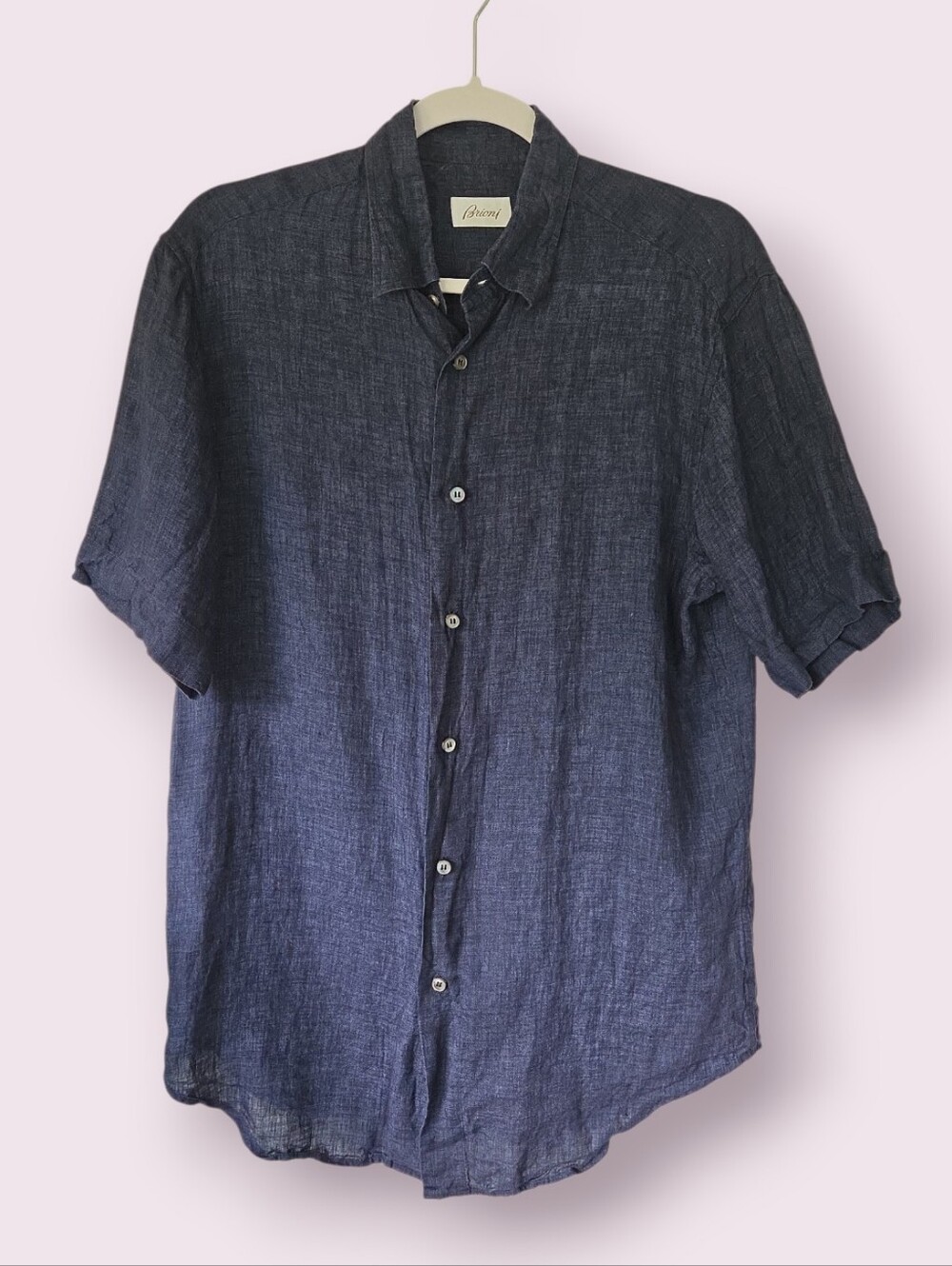 Brioni Dark Blue Linen Button Down Shirt Size S